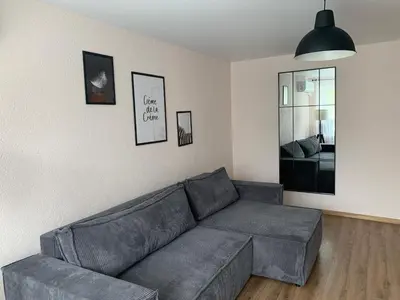 a living room with a gray couch and a bedroom at Cozy Two Room Apartment near city centre in Alytus