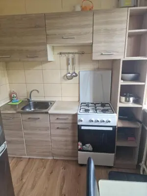 a small kitchen with a stove and a sink at Butas 34 in Šiauliai