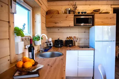 a kitchen with a sink in a tiny house at Milkės Karibai - poilsio namelis su sauna ir kubilu in Statiškė