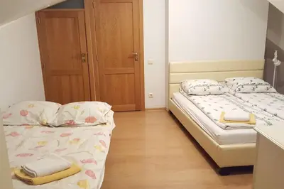 two beds in a small room with wooden floors at Cottage in old town in Vilnius