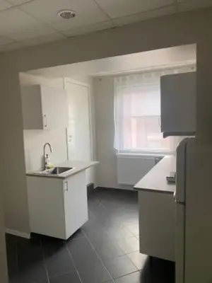 a kitchen with white cabinets and a sink and a window at Perlos Apartamentai 3 in Birštonas