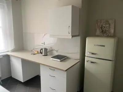 a kitchen with a white refrigerator and a counter at Perlos Apartamentai 3 in Birštonas