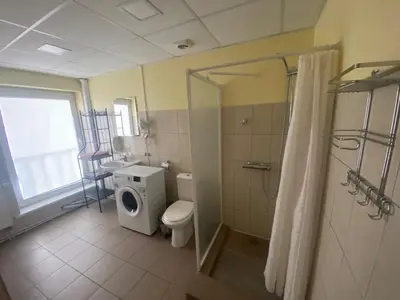 a bathroom with a toilet and a washing machine at Centro apartamentai in Birštonas