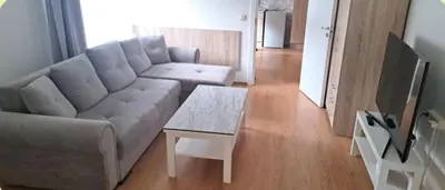 a living room with a couch and a table at Centro apartamentai in Birštonas