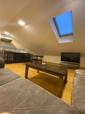 a living room with a coffee table and a flat screen tv at Perlos Apartamentai 14 in Birštonas