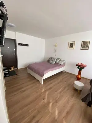 a bedroom with a bed and a wooden floor at Nice place to stay close to city in Kaunas