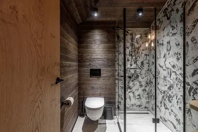 a bathroom with a toilet and wooden walls at Ranča in Molėtai