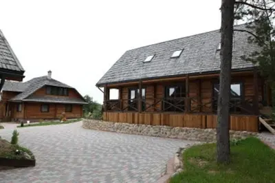 a large wooden house with a stone driveway in front of it at Liūto kalnas in Trakai