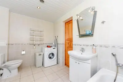 a bathroom with a toilet sink and a washing machine at Birutes Houses in Druskininkai