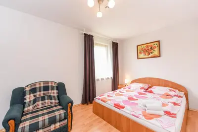 a bedroom with a bed and a chair at Birutes Houses in Druskininkai