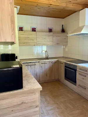 a large kitchen with wooden cabinets and a sink at Homestead Miško Vingis