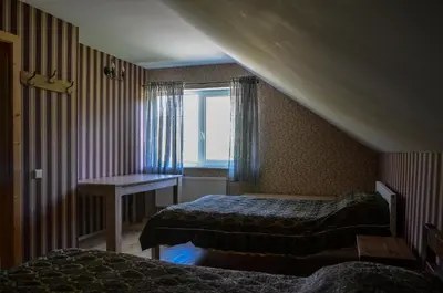 a hotel room with two beds and a window at Homestead Miško Vingis