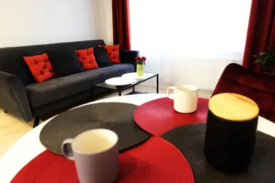 a living room with a couch and a red rug at Jaukus Koko butas 1 aukšte in Kaunas