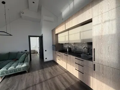 a living room with a couch and a sink at Nemunas River View Apartment in Kaunas