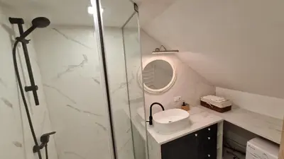 a bathroom with a shower and a sink and a mirror at Zema5 Old Town Loft in Vilnius