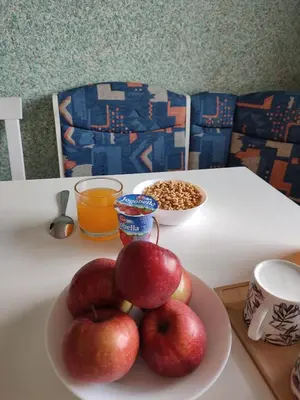 a bowl of apples on a plate on a table at ShortStopPasilaiciai in Vilnius
