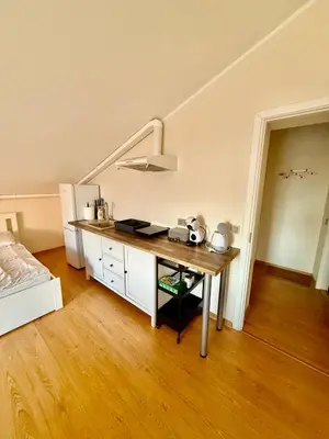 a kitchen with a table in a room at Perlos Apartamentai 12 in Birštonas