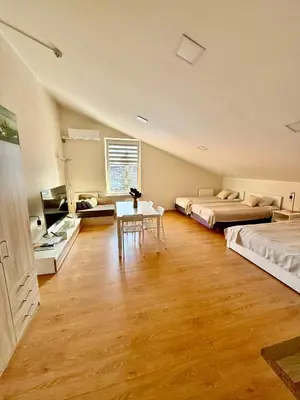 a room with two beds and a table in it at Perlos Apartamentai 12 in Birštonas