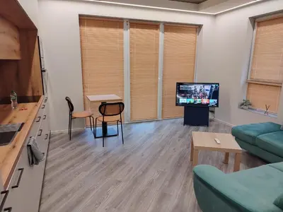 a living room with a couch and a tv at Cozy Apartment Vilnius in Vilnius