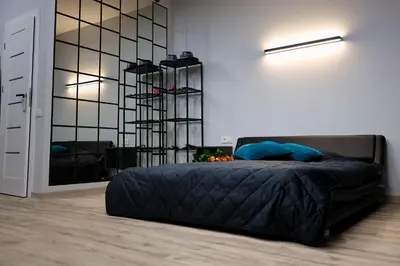 a bedroom with a black bed and a mirror at Romantic Room Šiauliai in Šiauliai