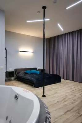 a bathroom with a tub and a bed in a room at Romantic Room Šiauliai in Šiauliai