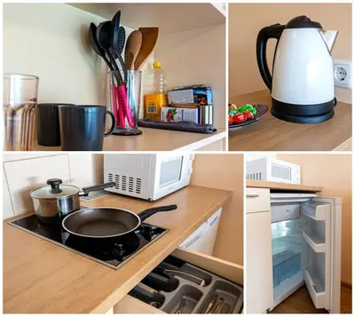 a collage of photos of a kitchen with a stove top oven at Studio Apartment in Kaunas