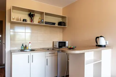 a kitchen with white cabinets and a counter with a microwave at Studio Apartment in Kaunas