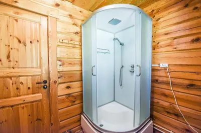 a shower in a bathroom with wooden walls at Svajonių Dvaras in Balninkai