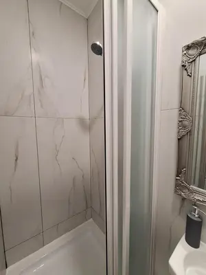 a shower with a glass door next to a sink at Kaunas Center Studio in Kaunas