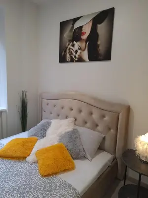 a bed with two pillows and a picture on the wall at Kaunas Center Studio in Kaunas