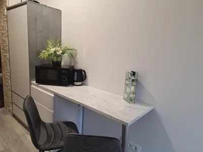 a desk with a microwave and a plant on it at Kaunas Center Studio in Kaunas