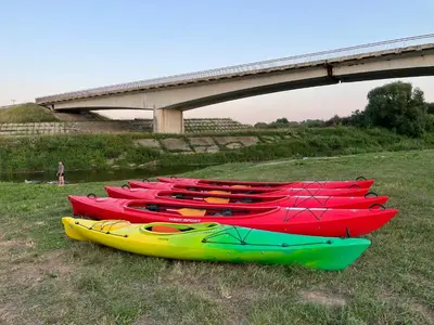 a row of kayaks sitting in a field next to a bridge at Kupolinis namelis in Kilova II