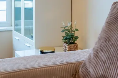 a bedroom with a bed and a potted plant at Aqua House in Druskininkai