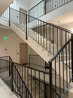 a staircase in a building with black railings at Dineikos apartamentai in Druskininkai