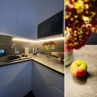 a kitchen with a sink and an apple on the counter at Alyvų tako studija in Alytus