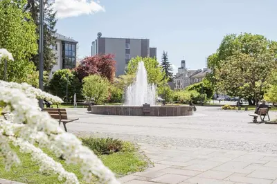 a fountain in the middle of a park with benches at Alyvų tako studija in Alytus