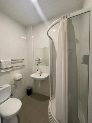 a bathroom with a shower and a toilet and a sink at Vaidoto 33 in Šiauliai