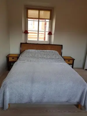 a bedroom with a bed with a blue blanket on it at Meshka's Apartment in Vilnius