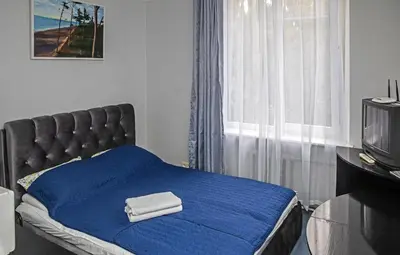 a bedroom with a bed with a blue blanket and a tv at Vilnius Centre Flat in Vilnius