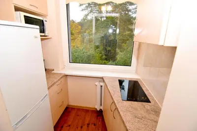 a kitchen with a window and a counter top at Poilsis prie Dineikos parko in Druskininkai
