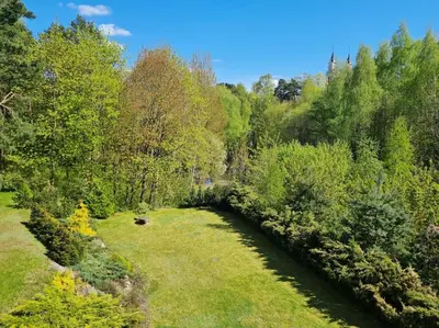 a river in the middle of a field with trees at Jeruzale Park view in Vilnius
