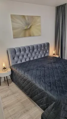 a bedroom with a large bed with a tufted headboard at New apartment in the city in Šiauliai