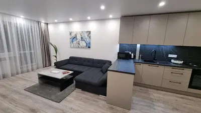 a living room with a couch and a kitchen at New apartment in the city in Šiauliai