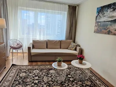 a living room with a couch and a window at Musninkų apartment near Akropolis in Vilnius