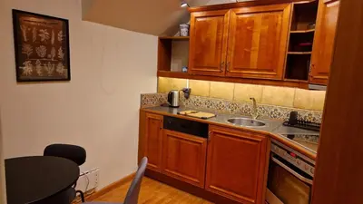 a kitchen with wooden cabinets and a sink at TyzenXL Luxury Vilnius Apartments in Vilnius