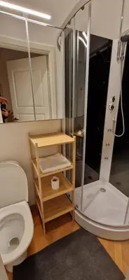 a small bathroom with a toilet and a shower at TyzenXL Luxury Vilnius Apartments in Vilnius