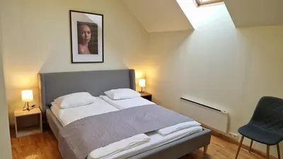a bedroom with a bed and a picture on the wall at TyzenXL Luxury Vilnius Apartments in Vilnius