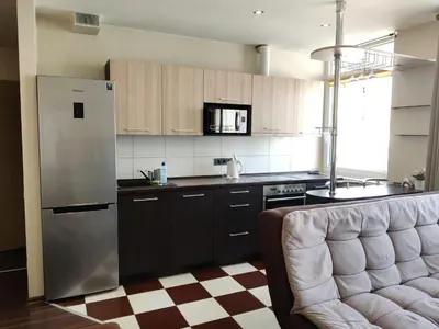 a kitchen with a refrigerator and a counter top at Apartments near BIG in Vilnius