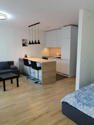 a kitchen and living room with a table and chairs at B23 Apartments in Vilnius