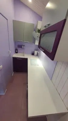 a kitchen with a white counter and a sink at Violetinis namelis/ Sodyba Geras in Anykščiai